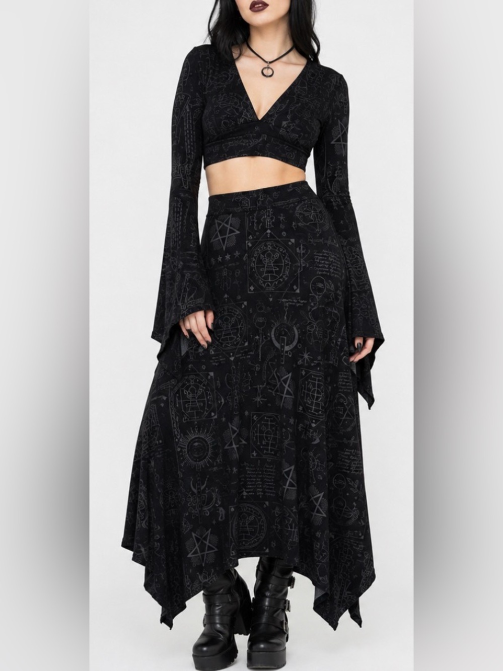 Killstar Black Occult Celestial Two Piece Crop Top Maxi Skirt Set Size M Witchy